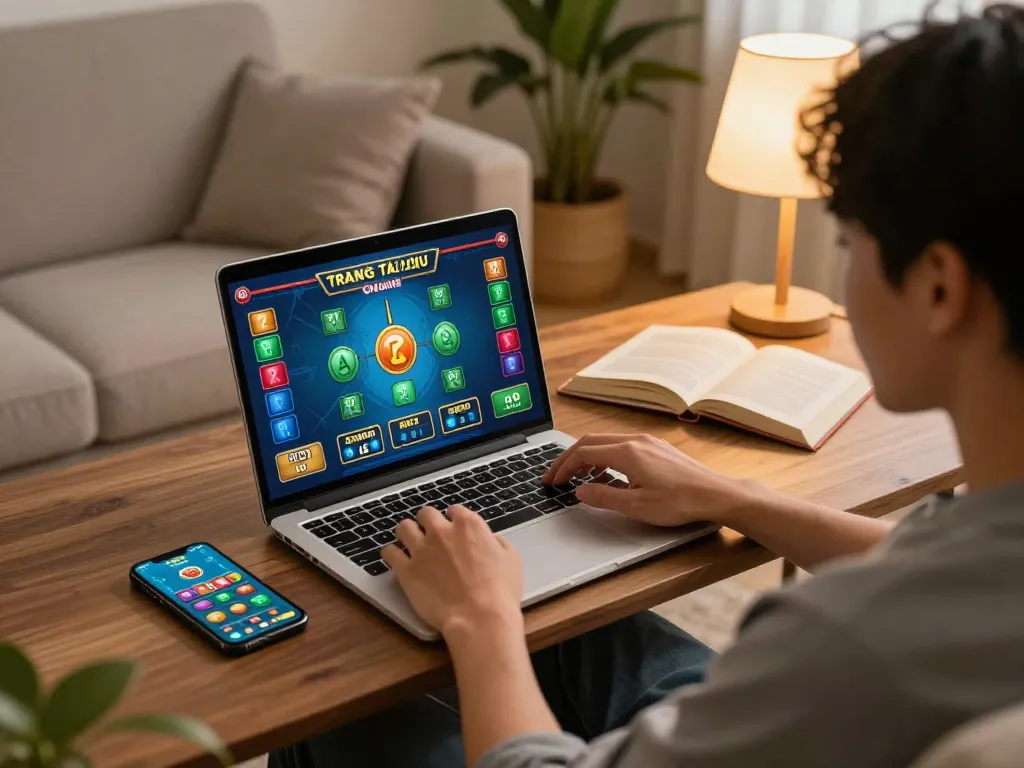 Engaging in Trang tài xỉu online with a modern gaming setup, laptop displaying vibrant betting graphics.