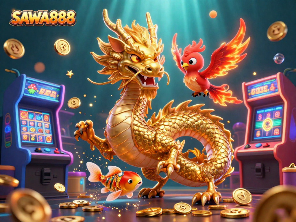 Experience the thrill of SAWA888 with golden dragon, phoenix, and koi fish in a vibrant casino atmosphere.