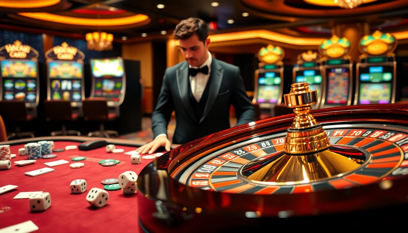 Exciting gaming atmosphere at Nhà Cái 68VIP featuring vibrant poker table and roulette.