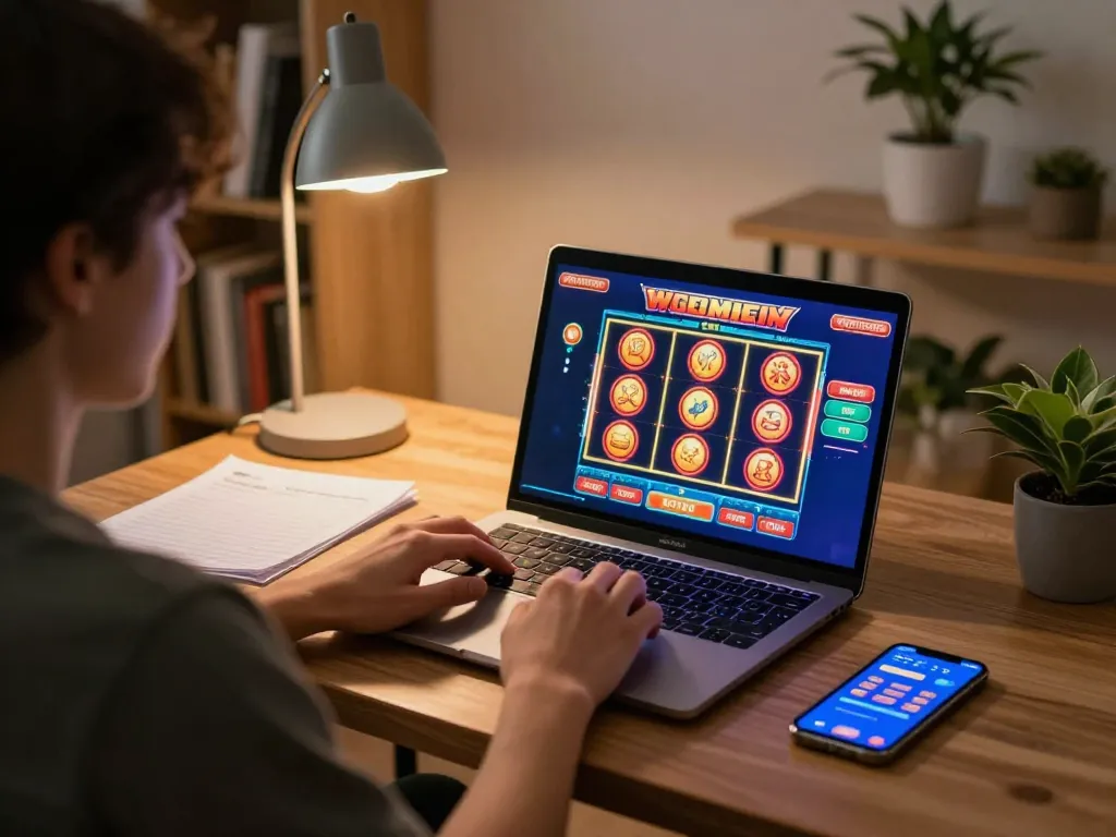 Person strategizing online casino gaming at home with go8, showcasing vibrant slot interface and cozy atmosphere.