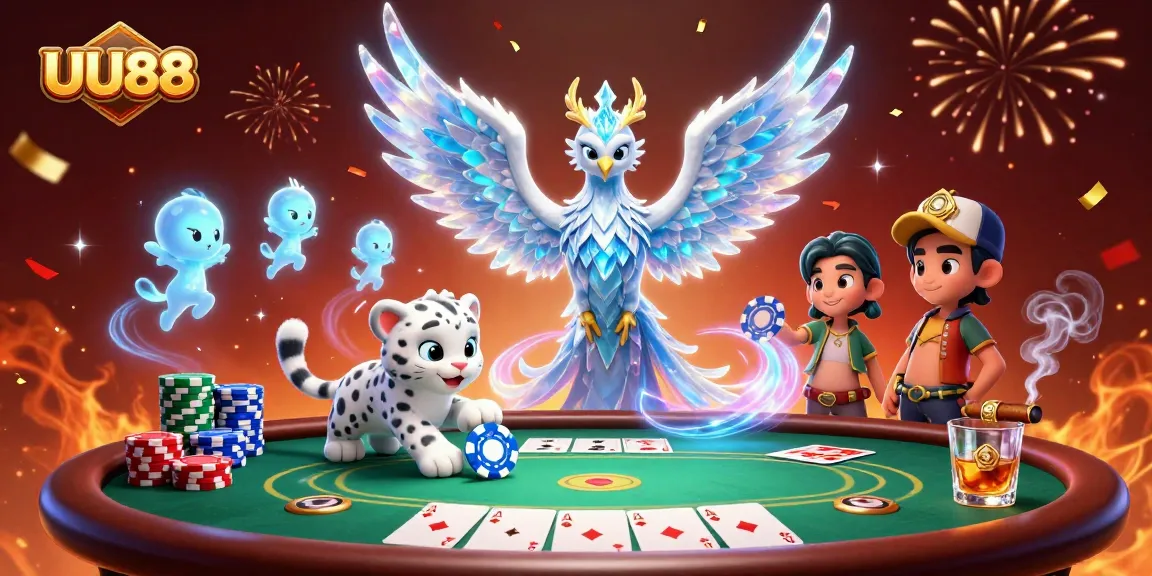 Win big with UU88 at a lively poker table featuring an ice phoenix, snow leopard, and vibrant casino elements.