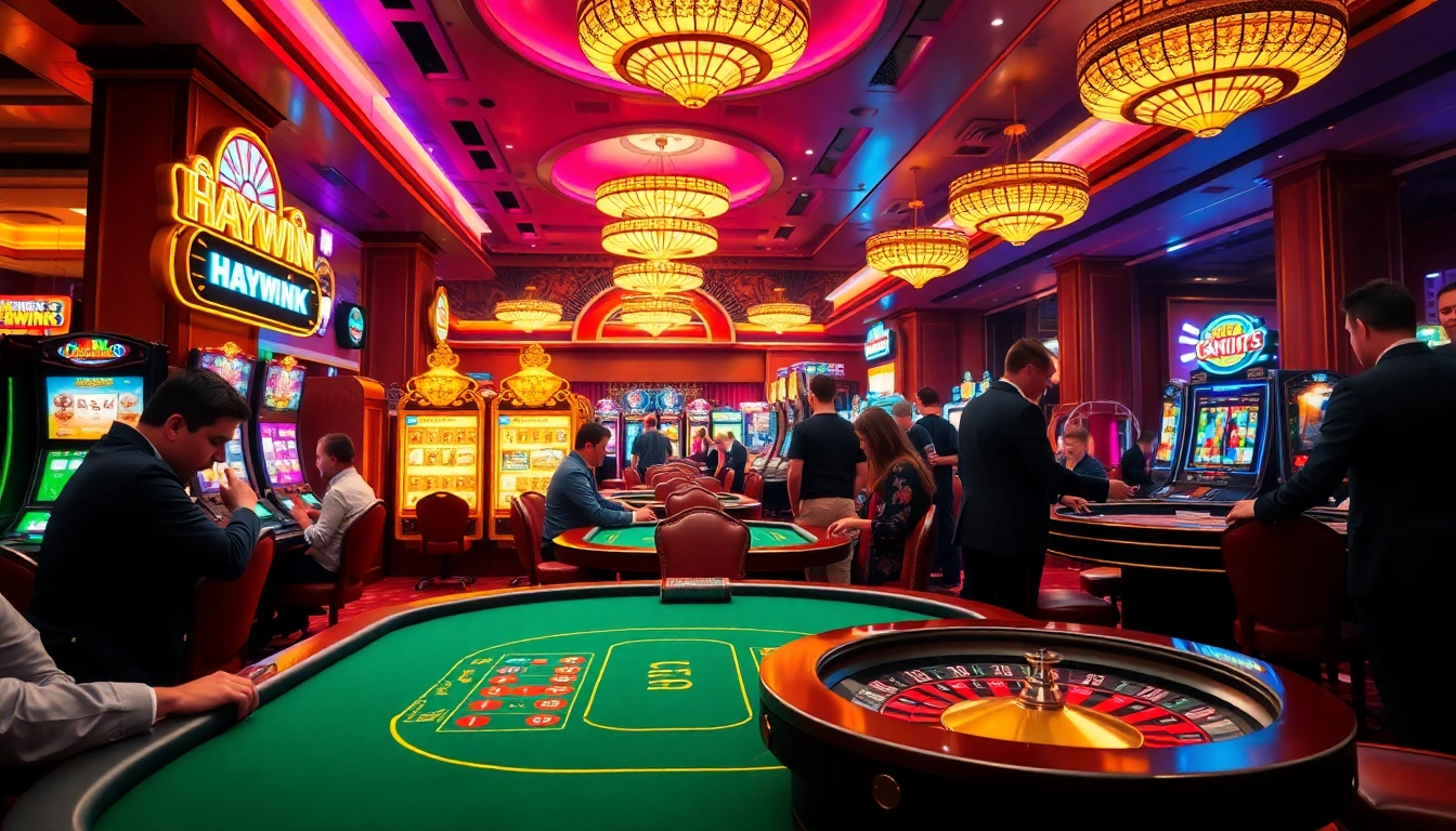 Experience the thrill of Haywin with lively casino scenes featuring poker, slots, and roulette.