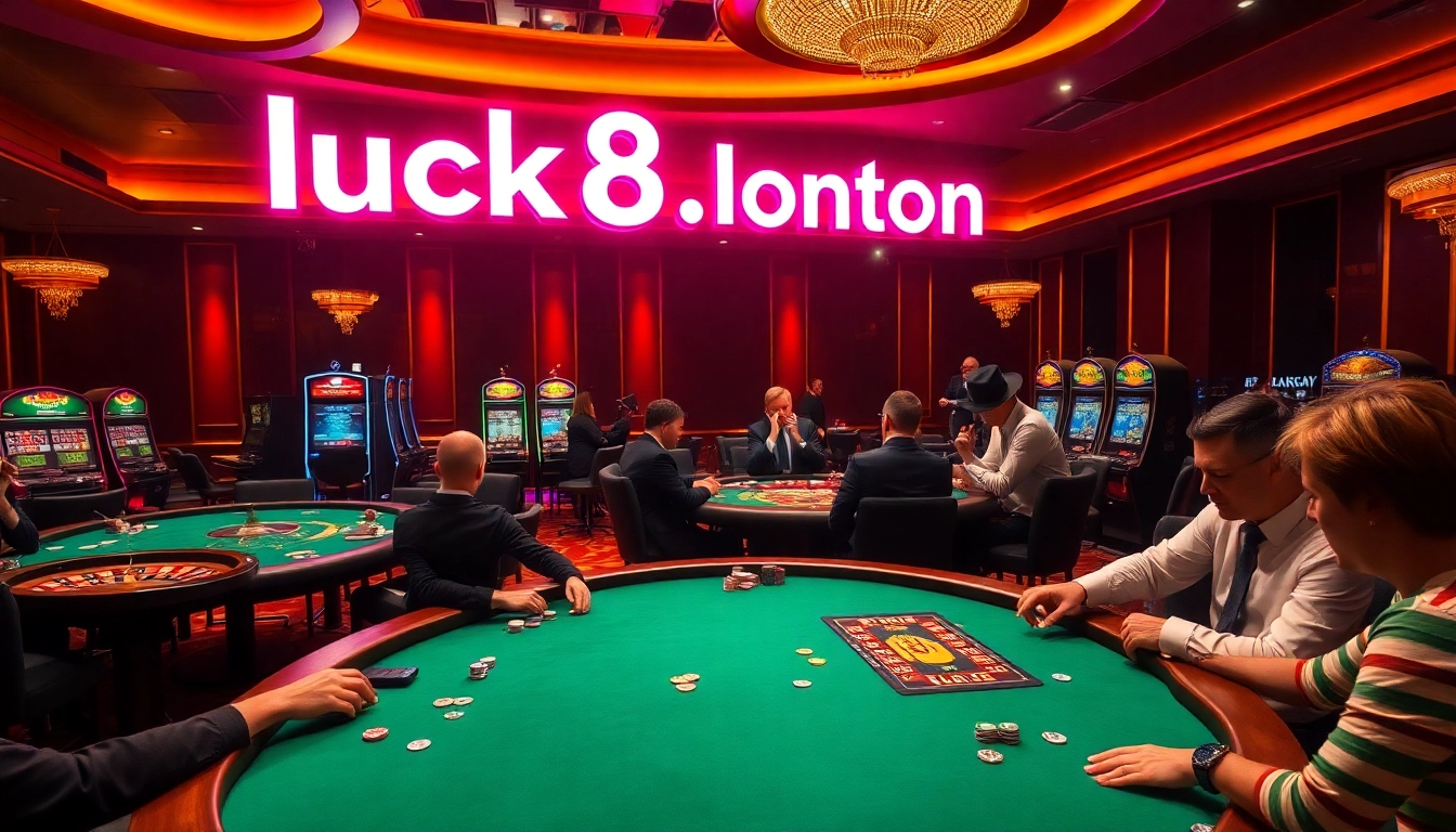 Gamblers enjoying games at luck8.london casino tables filled with excitement and vibrant lights.