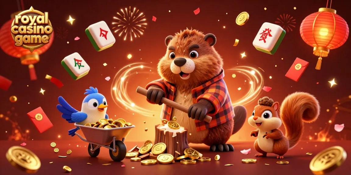 Experience the royal casino game with a beaver and bird collecting gold coins in this vibrant 3D illustration.