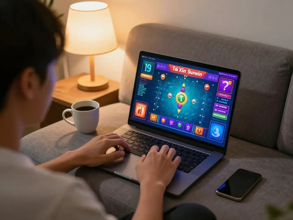Tài Xỉu Sunwin action on laptop in cozy home gaming setup