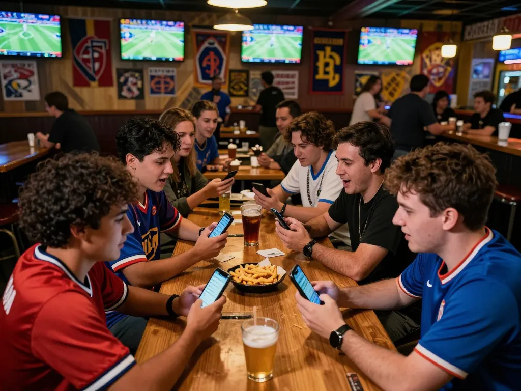 Sports fans engaging in exciting bets and watching games at a lively bar while checking kèo nhà cái 5 odds.