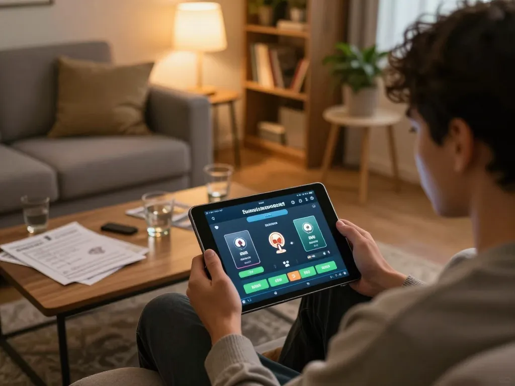 XX88 user strategizing during online poker session on a tablet, showcasing a warm home environment