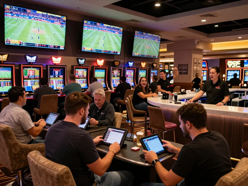 Engaged bettors analyzing odds at Nhận Định Kèo nhà cái while placing wagers during a live sports event.