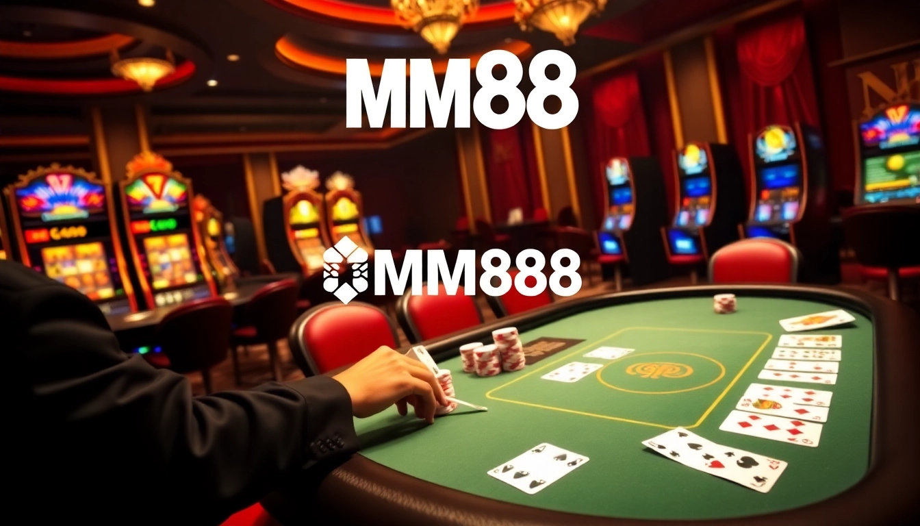 Engaging poker game at https://mm88.moe/ with players and vibrant casino elements creating an exciting atmosphere.