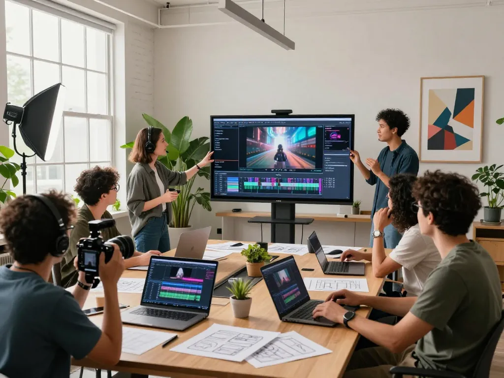 Filmmakers utilizing Seedance AI for collaborative video production in a modern office environment.