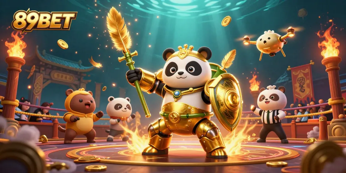 Experience game thrills with 89BET in a lively casino environment with golden panda characters.