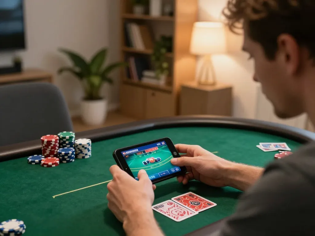 Player strategizing with 258bet in exciting online poker game at home.