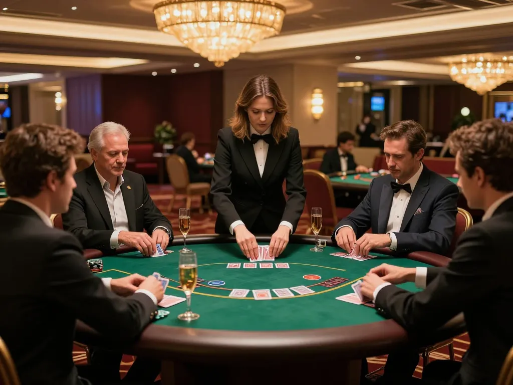 Players at luck8 com enjoying a round of poker in a luxurious casino setting.