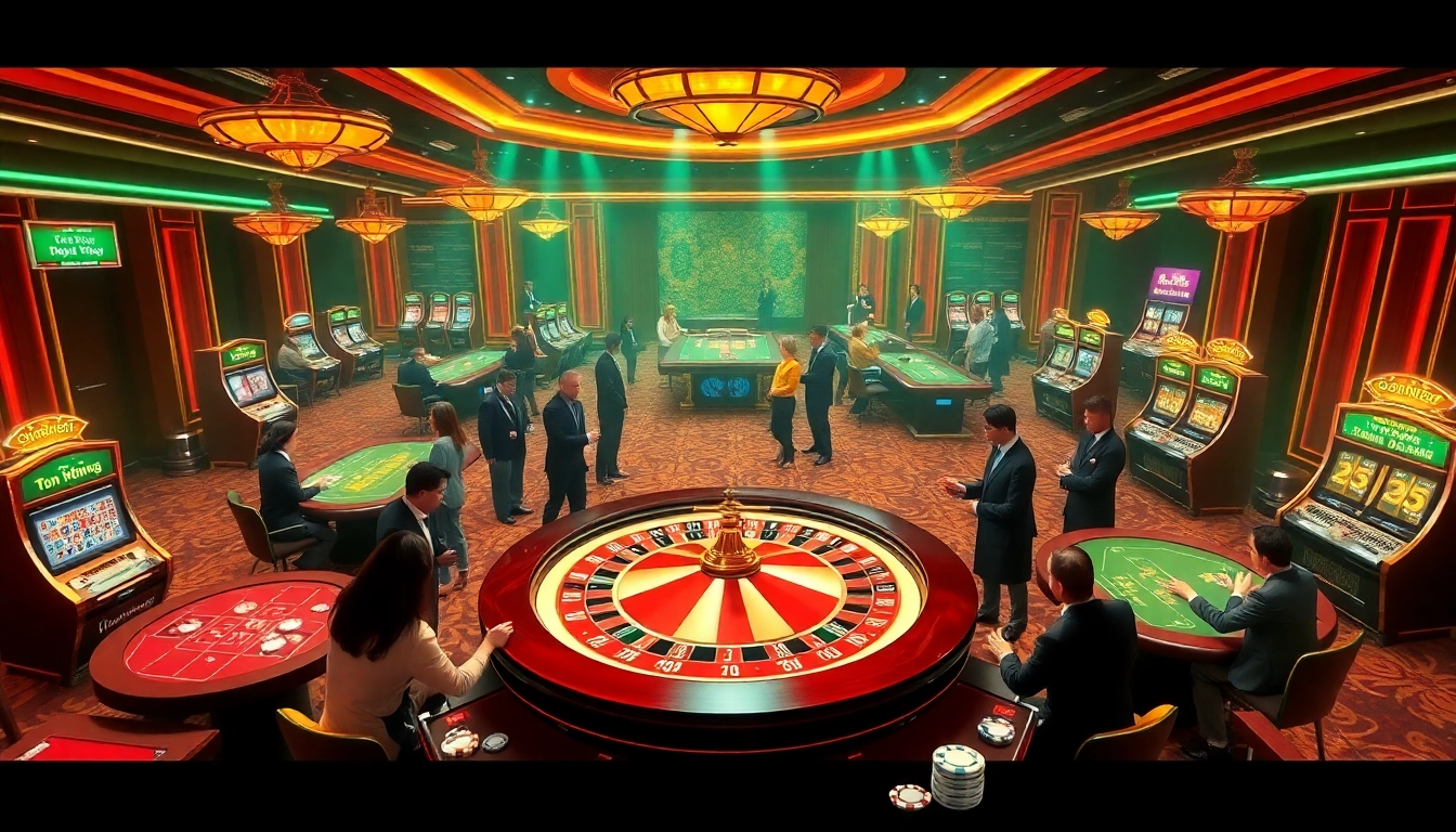 Exciting gaming action at uu88. com featuring roulette wheels, poker tables, and vibrant slot machines.