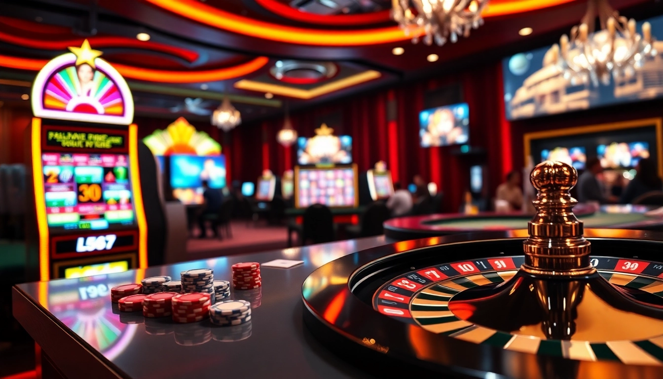 L567 engaging players at vibrant slot machines in a luxurious online casino.