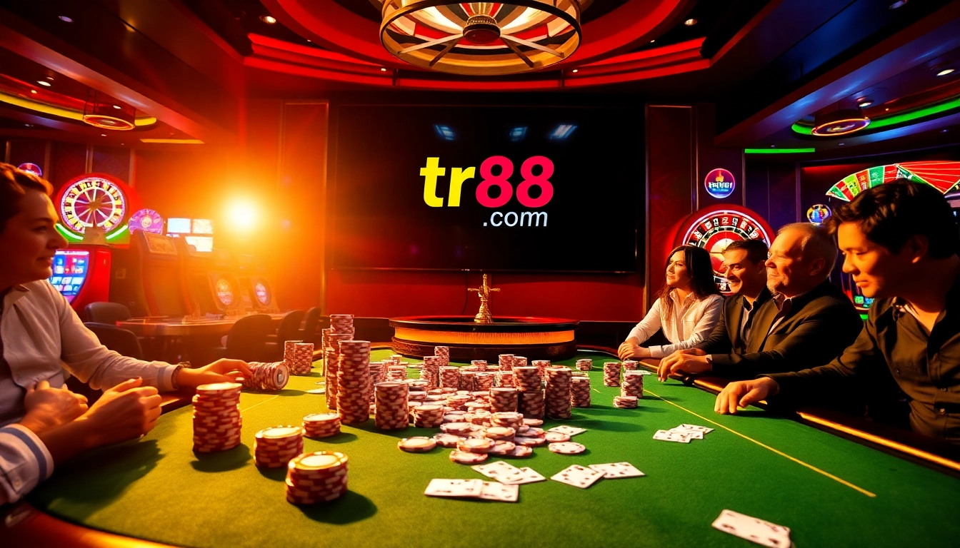 Experience the excitement at tr88 com with players engaging in poker and roulette at a vibrant casino.