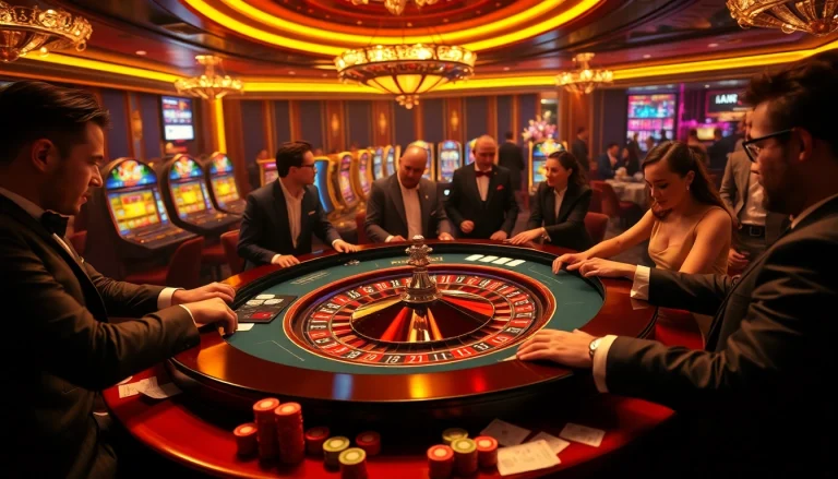 Experience the excitement of 888vnd com with players engaged at a luxurious roulette table in this immersive casino scene.