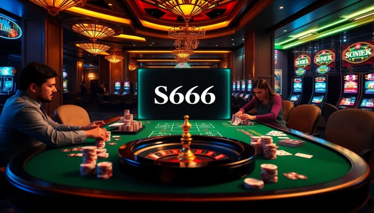 S666 casino scene showcasing an elegant gaming table and excited gamblers.
