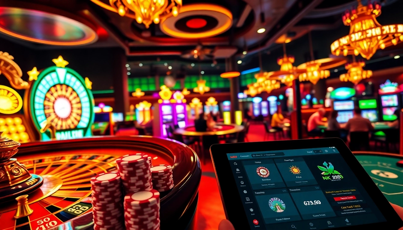 Players engaging at NK 88's glamorous casino tables with vibrant slot machines in view.